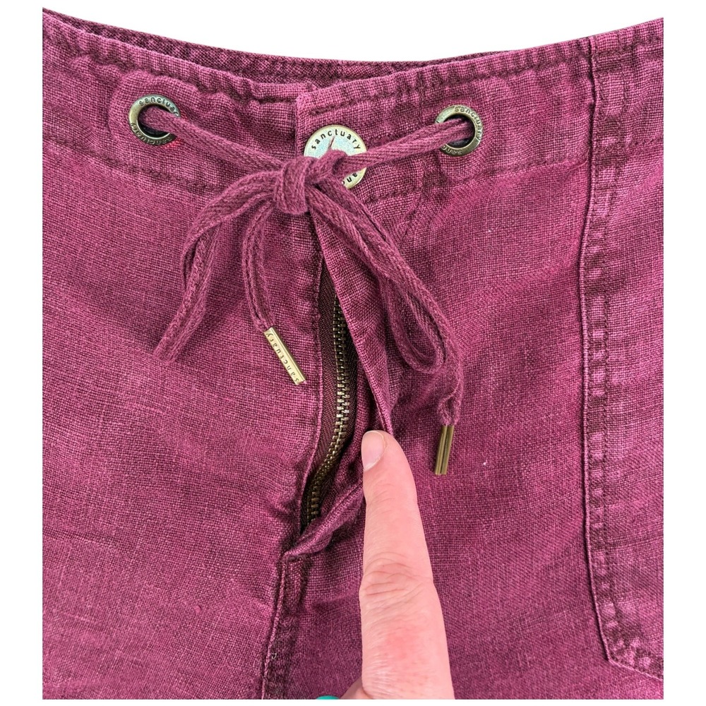 Sanctuary 100% Linen Burgundy Utility Shorts Drawstring Zip Fly Raw‎ Hem NWOT 29 - Picture 4 of 7